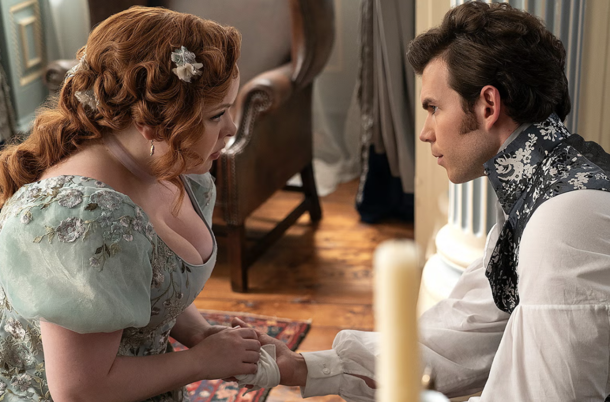 In a scene taken from the book but with many alterations, Penelope Featherington and Colin Bridgerton have a moment together. They were friends for their entire childhoods before realizing their love for each other.
